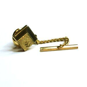 Vintage Gold Tone Square Tie Tack Wheat Floral Design With Chain & Bar Accent
